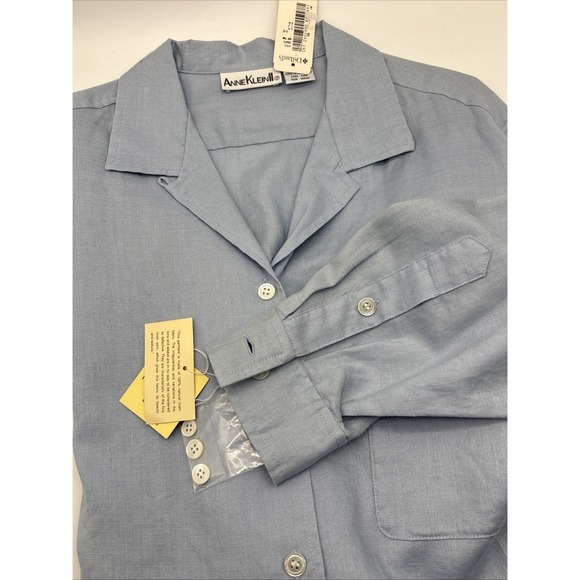 Anne Klein Tops - Anne Klein Women Blue Linen Long Sleeve Button-Down Shirt V Neck Size 12 NWT